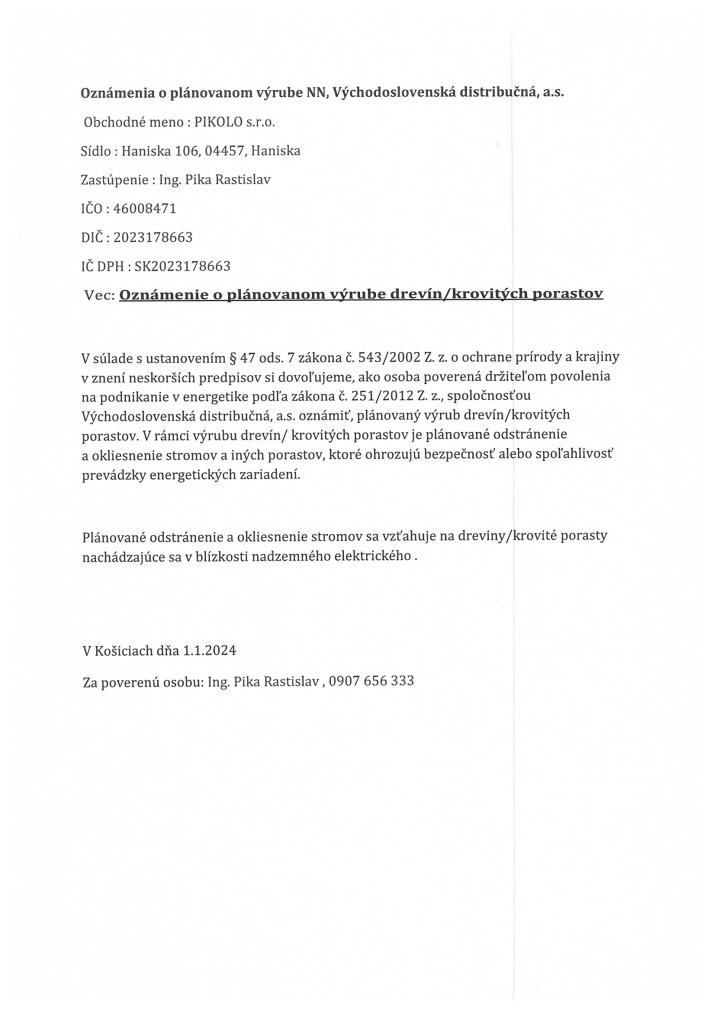 Oznámenie o plánovanom výrube drevín/krovitých porastov