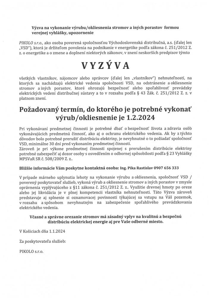 Oznámenie o plánovanom výrube drevín/krovitých porastov