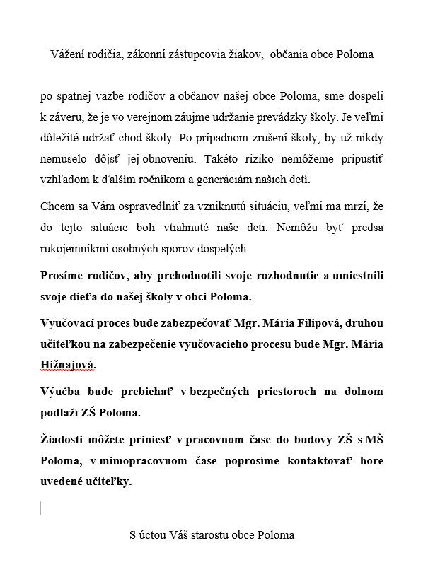 Oznam rodičom