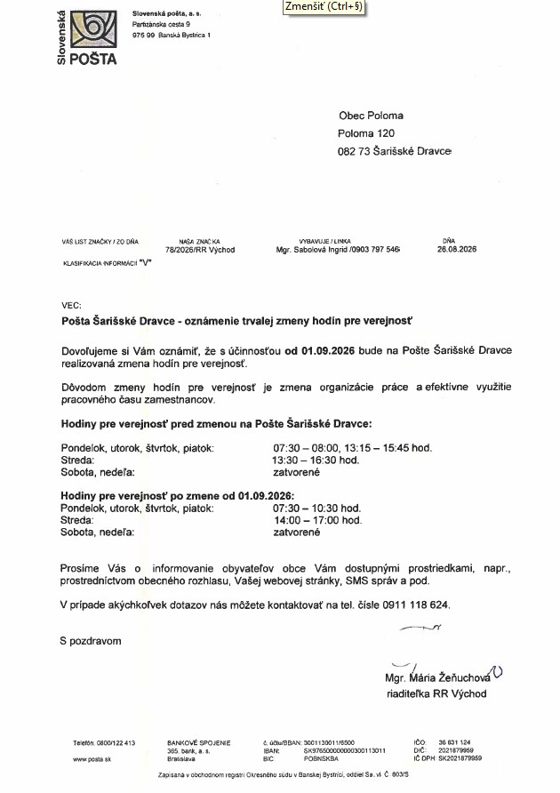 Otváracie hodiny - Pošta Šarišské Dravce