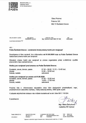 Otváracie hodiny - Pošta Šarišské Dravce