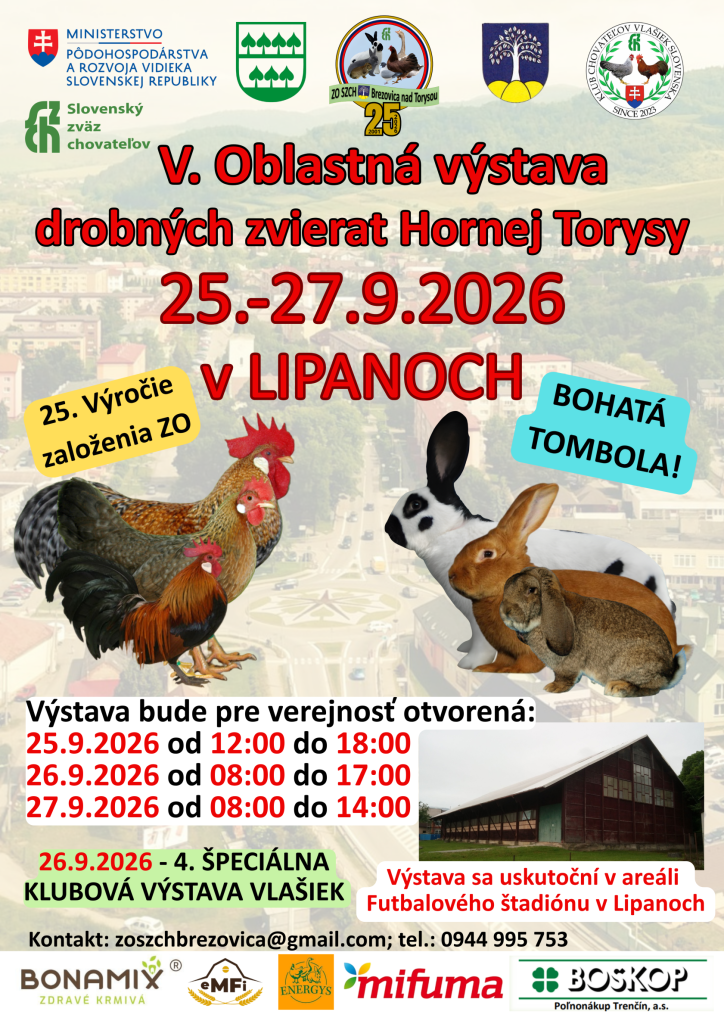 V. Oblastná výstava drobných zvierat Hornej Torysy v Lipanoch 25.–27.9.2026